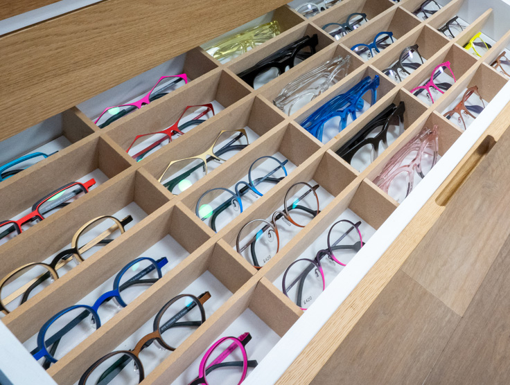 Selection of coloured spectacles from the spectacle shop
